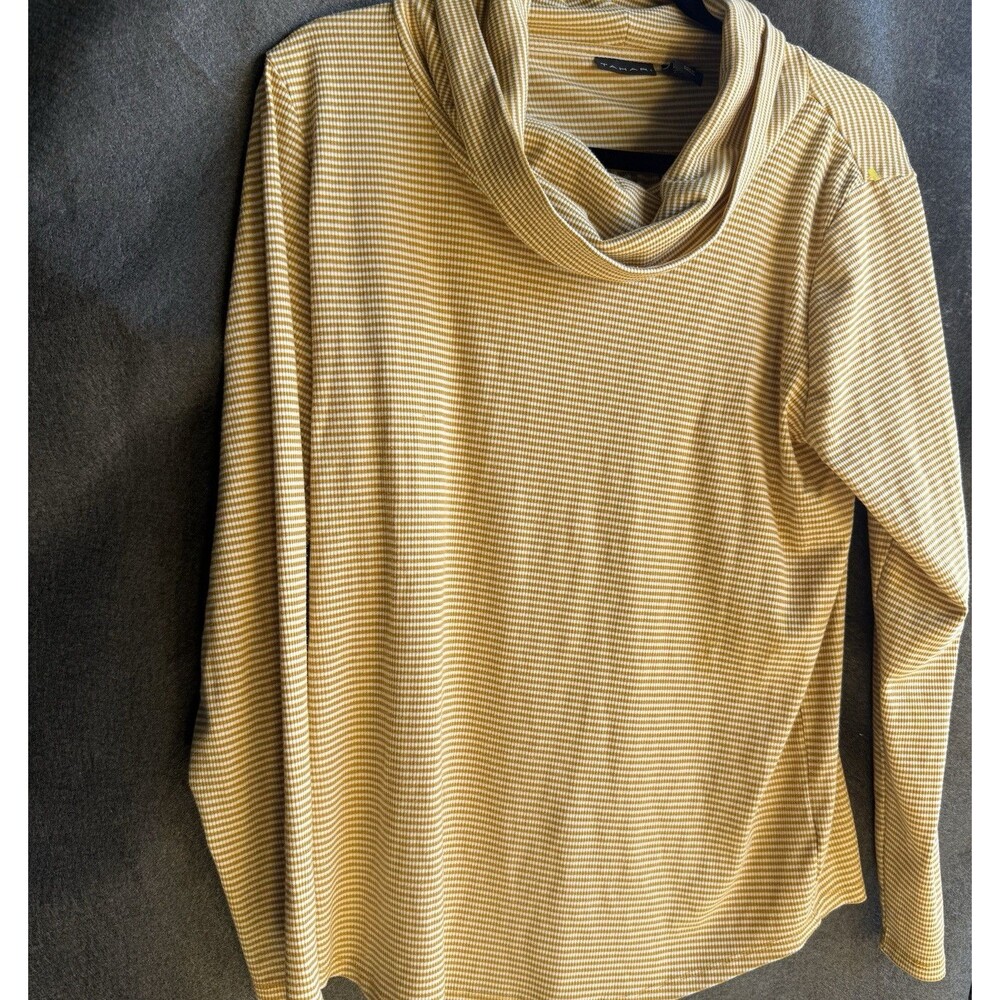 5/$25 tahari cowl neck Top Large stripes Yellow White stretchy 21" bust A14